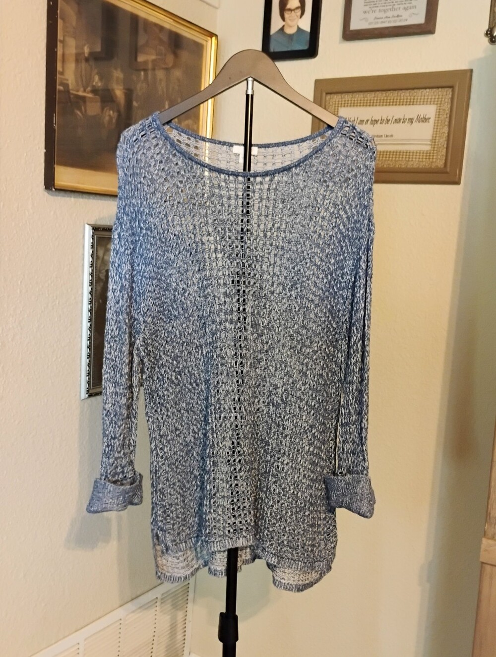 J JILL Blue & White Open-Knit Lightweight Women's Sweater